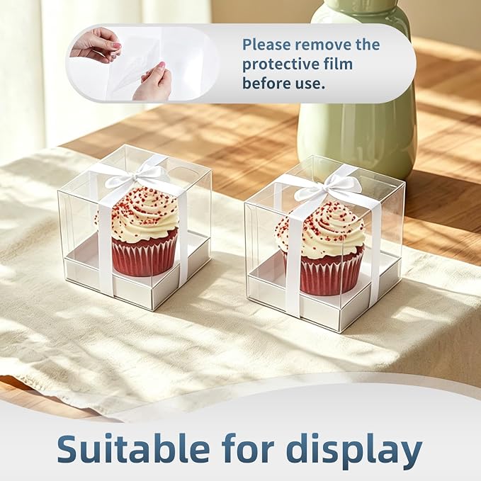 50 Pcs Sliver Clear Plastic Cupcake Boxes, Individual 3.5 Inch Single Holder Containers with Insert and Ribbon, Paper Base for Wedding, Birthday, Party Favor Gift