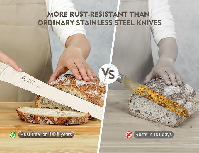 CoquusAid Upgrade Bread Knife for Homemade Bread, World‘s 1st Double Serrated Knife with 5 Thickness Adjustable Slicing Guide, Stainless Steel Bread Cutter, Razor Sharp for Sourdough, Creamy White