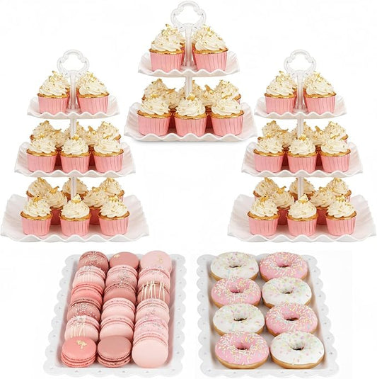 NWK 5 Piece Cake Stand Set with 2 x 3-Tier Cupcake Stands, 1 x2-Tier Cupcake Stands, 2 x Appetizer Trays, for Wedding Birthday Baby Shower Tea Party Decorations (5, White, Square)