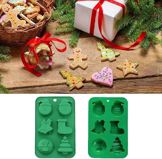6 Cavities Silicone Cookies Biscuit Mold, Christmas Halloween Baking Candy Mold, Reusable DIY Jelly Chocolate Mold, Ice Cube Tray Wax Melt Molds(Set of 2 Green Christmas Stocking Bells)