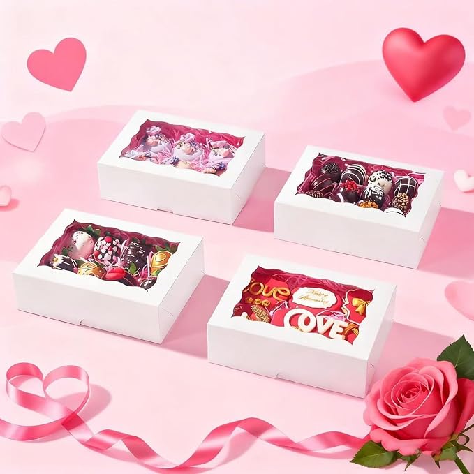 20PCS White Cookie Boxes with Window, 8x6x2.5 Inch Gift-Ready Pastry Box for Chocolate Strawberries, Macarons, Truffles, Perfect for Valentine's Day, Mother's Day, Christmas Party Favors
