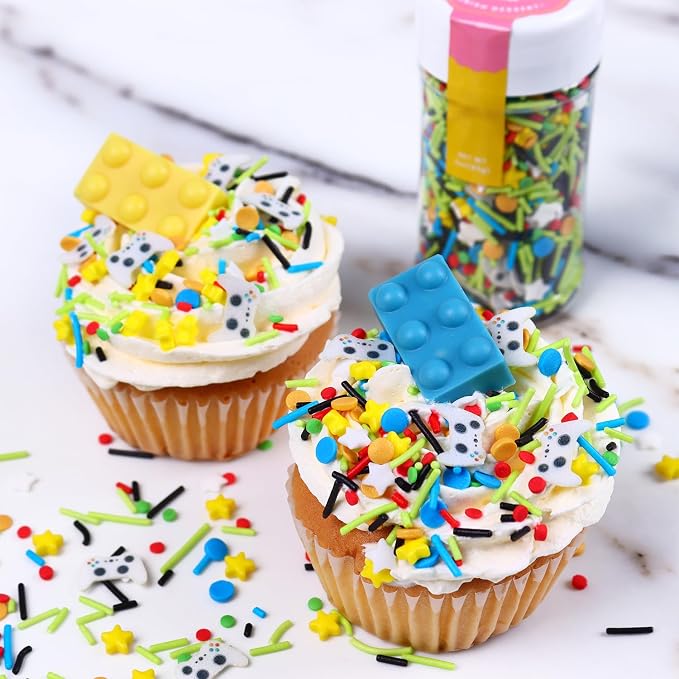 Edible Sprinkles for Cake Decorating, Green Yellow Sprinkles Mix with Game Wafer Papers, 3oz Game Themed Sprinkle for Baking, Cupcakes, Ice Cream, Cookie, Chocolate Decorating