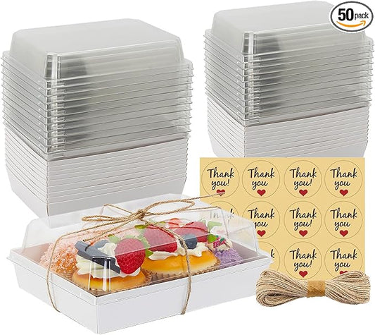 7x5x2.5 Charcuterie Boxes with Clear Lids, Large Disposable Bakery Dessert Boxes, Bakery Take Out Containers, To Go Food Container for Chocolate, Sandwiches, Cookie, Cupcake, Pastries (50 White)