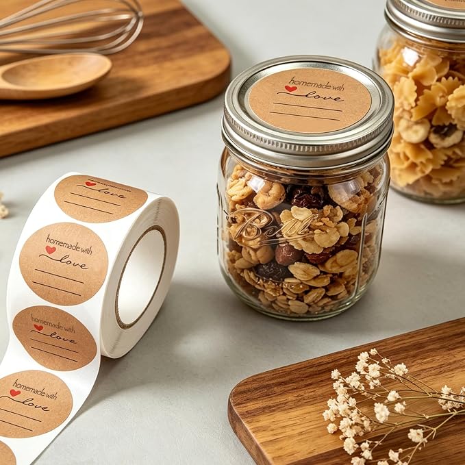 2'' Homemade with Love Stickers, 500 Pcs Canning Labels for Mason Jar with Lines for Writing, Kraft Jam and Jelly Jar Labels for Containers