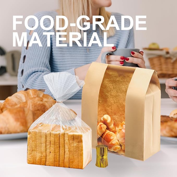 100 Pack14 x 8.3 x 3.5 inch Large Kraft Paper Bread Bags for Homemade Bread Sourdough Bags and 50pack 18 x 8 x 4 Inch Clear Bread Bags for Baked Food Packaging Storage (150)