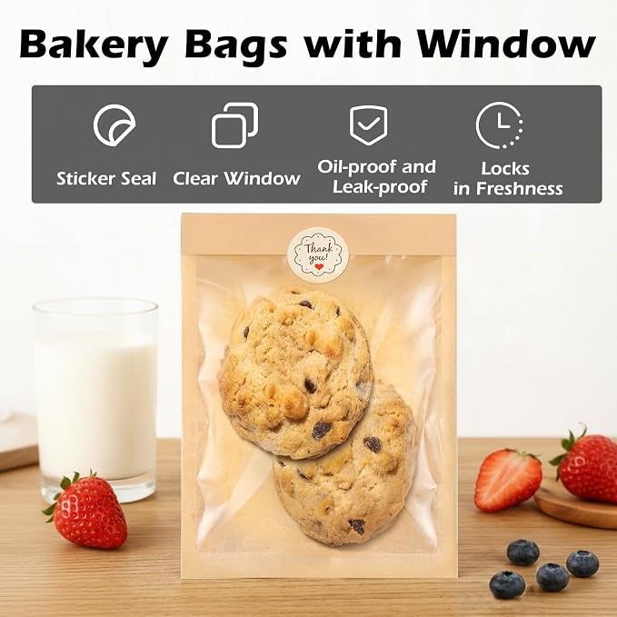 Cookie Bags with Window, 5.1"x7.5" Paper Oil-proof Bakery Bags | 100 Pack Kraft Heat Sealable Cookie Packaging Bags for Gift Giving Bake Sale for Cookies, Donut, Slice, Sandwich