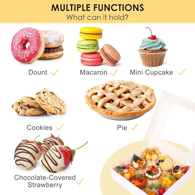 Moretoes 24pcs Bakery Boxes, 10x10x2.5 Inches Auto-Popup Pie Boxes for Cookies, Chocolate Covered Strawberries, Pies, Donuts, Muffins