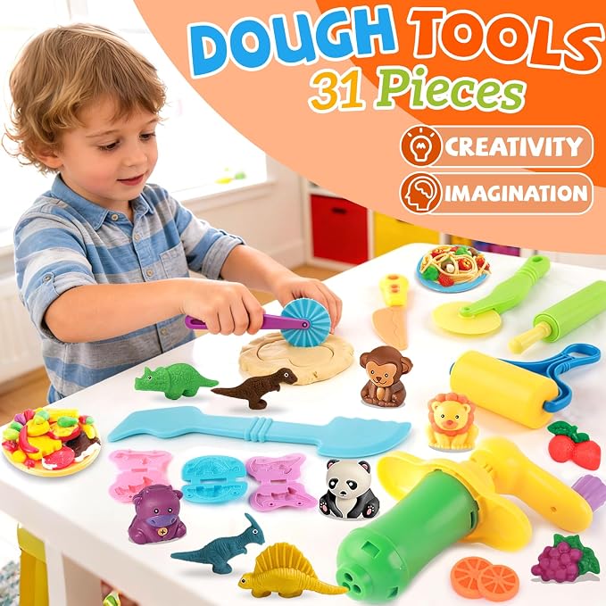 31 Pcs Dough Tools, Dough Play Tools Set + Kitchen Spaghetti Maker Machine Clay and Dough Accessories with Rolling Pins, Clay Cutters, Safety Scissors, 3D Dino & Animal & Fruit Molds