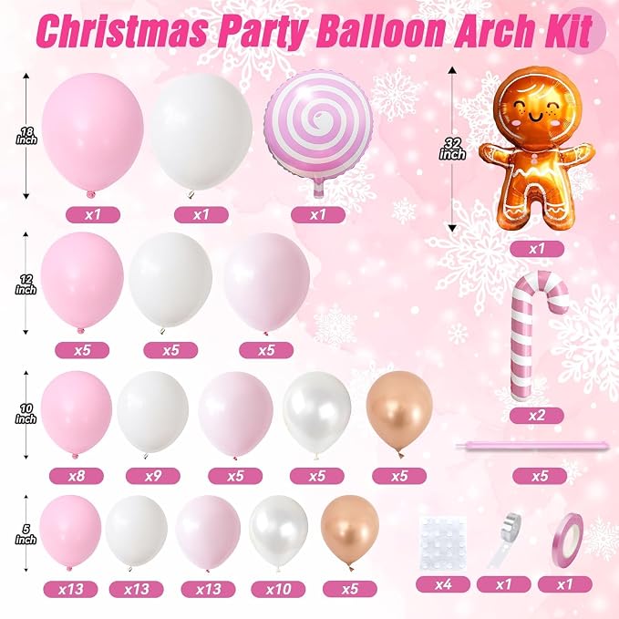 Pink Christmas Balloon Arch Kit, Pearl White Pink Rose Gold Balloons with Lollipop Candy Crutch Gingerbread Man Foil Balloons for Xmas Holiday Winter Birthday New Year Party Decorations