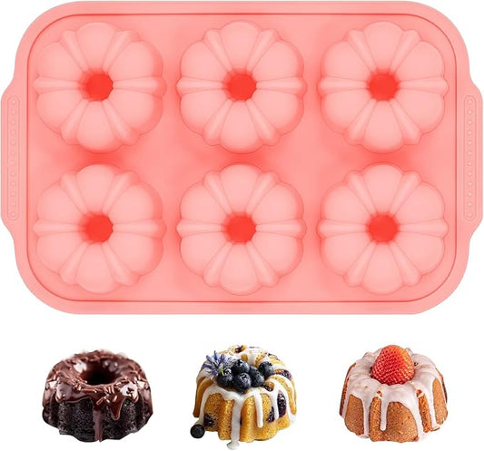 FUNBAKY 3 Inch Mini Fluted Tube Cake Pans for Baking with Metal Reinforced Frame, 2Pcs Silicone 6-Cavity Mini Flan Molds, Nonstick Baking Mold for Cupcake, Brownie, Donuts, Cornbread, Jello