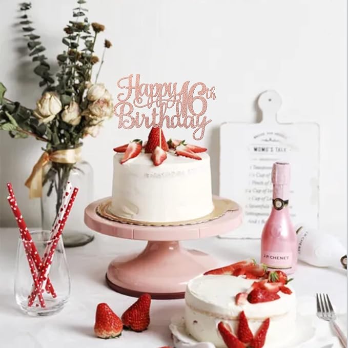 1 PCS Happy 16th Birthday Cake Topper Glitter Cheers to 16 Years Birthday Cake Pick Sweet 16 Fabulous Cake Decoration for Happy 16th Birthday Theme Party Decorations Supplies Rose Gold