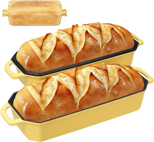 Flavehc Bread Pan Cast Iron Loaf Pan with Lid Bread Loaf Pan 13x5 Inch Enameled Cast Iron Sourdough Bread Pan,Yellow