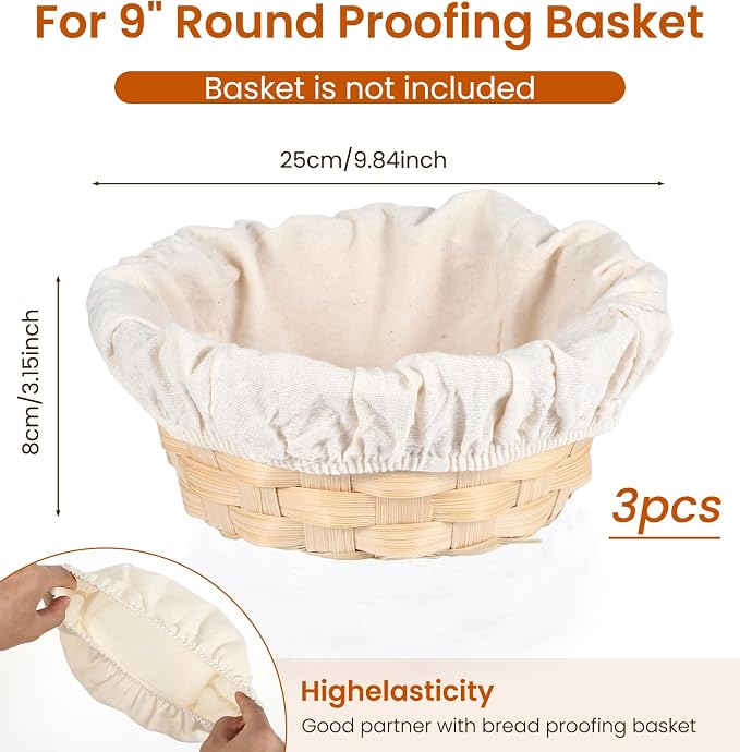 3 Pcs Bowl Covers for Bread Proofing 10 Inch, Cotton Linen Sourdough Basket Liner Cloth for Bread Proofing (Gray-White, 9.8 x 3.1 Inches)