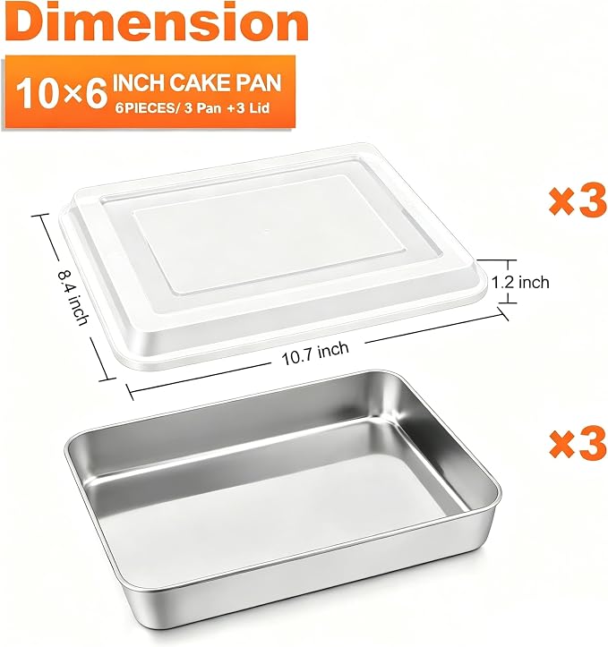 Herogo Baking Pan with Lid (3 Pans + 3 Lids), 8 x 10 Inch Nonstick Rectangle Stainless Steel Baking Set, Deep Cakes Bakeware for Brownies Casseroles, Non Toxic & Dishwasher Safe
