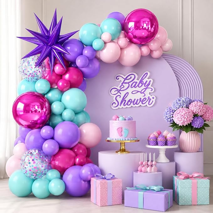 Pink and Teal Blue Balloon Arch Garland Kit with Purple Star Foil Balloons Hot Pink 4D Round Balloons for Birthday Baby Shower Wedding Anniversary Party Decorations
