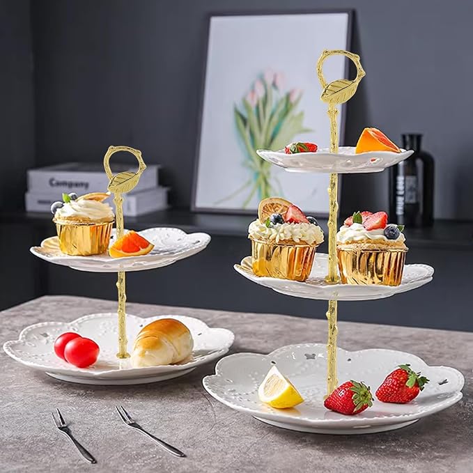 3 Tier Heavy Metal Cake Stand Holder for Party Buffets (Gold) | 2PCS Cake Stand Hardware Kit, Leaf Design Wedding Cake Stands, DIY Display & Home Decor