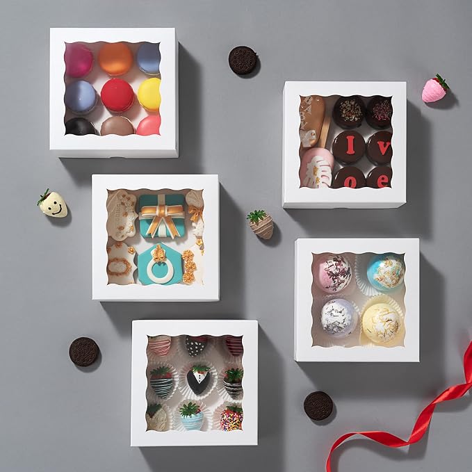 RomanticBaking 24 Pack Bakery Boxes (not include food) 7" x 7" x 2 1/2" White Chocolate Covered Strawberries Boxes Cookies Boxes