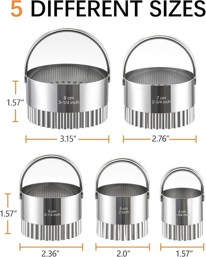 Biscuit Cutter Set with Handle, 5 Piece Stainless Steel Fluted Round Cookie Cutter Tool, Multi Size Wave Edge Dough Donut Cutters for Baking Cakes, Biscuits, Pastry Dough