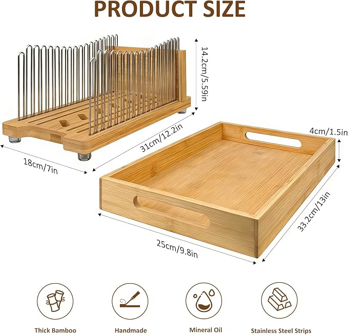Bamboo Bread Slicer for Homemade Bread with Steel Guides | Adjustable Width, Stainless Steel Slicing Guides, Crumb Tray, For Sourdough Bread, Cakes, Loaves, Bagel