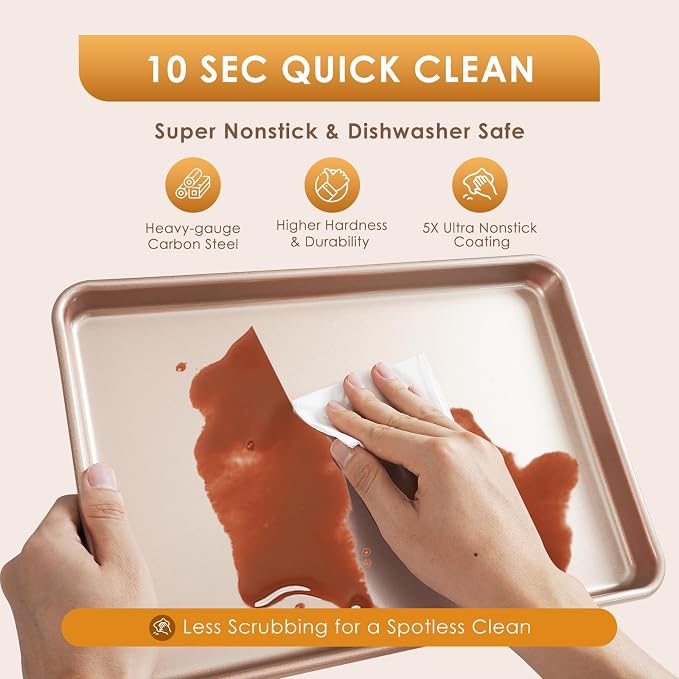 Baking Sheet Pan Set of 3, Nonstick Commercial Cookie Sheets for Baking | Half/Quarter/Jelly Roll Pans Replacement Toaster Oven Tray, Heavy Duty & Easy Clean, Rose Gold