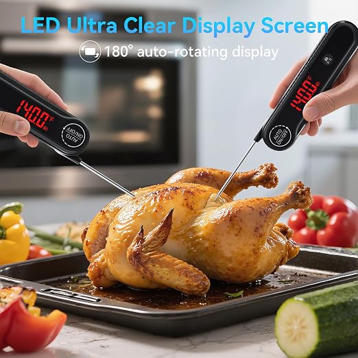 0.3s Ultra‑Fast Instant Read Meat Thermometer, IP67 Waterproof Food Thermometer with Rotating Display & Calibration Function for Grill BBQ Frying Kitchen Cooking(Black)