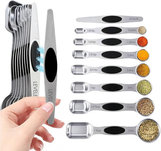 Measuring Spoons,Magnetic Measuring Spoons Set,304 Stainless Steel 8 Double Side Measuring Spoons Set and 1 Leveler with Strong N45 Magnetss,Heavy Duty Metal Kitchen Gadgets for Baking & Cooking