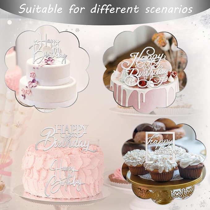 Wootkey 10 PCS Silver Happy Birthday Cake Topper Mirror Acrylic Cupcake Toppers Double-Sided Happy Birthday Sign for Cake Side Cupcake DIY Birthday Gift Flower Bouquet Decor