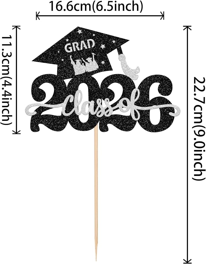 1 Pack Class of 2026 Cake Topper Glitter Congrats Grad Cap 2026 Graduation Cake Pick for 2026 Graduation Theme High School Graduate Party Cake Decorations Supplies Silver