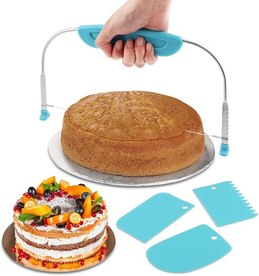 Adjustable Cake Leveler Cutter With 3PCS Cake Scrapers Set,Baking Supplies Tool for Kitchen,Large Size Cake-Cutter Slicer for Leveling,Single Stainless Steel Wire & Plastic Handle(COLOR:Blue)