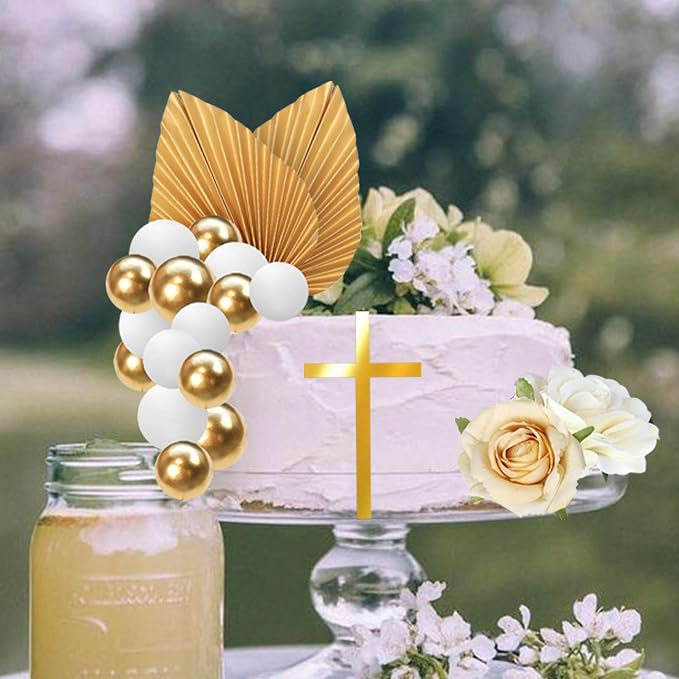 Rsstarxi Gold Cross Cake Decoration with White Gold Rose Balloon Cake Picks for Baptism Baby Shower Wedding Birthday Party DIY Cake Decorations Supplies
