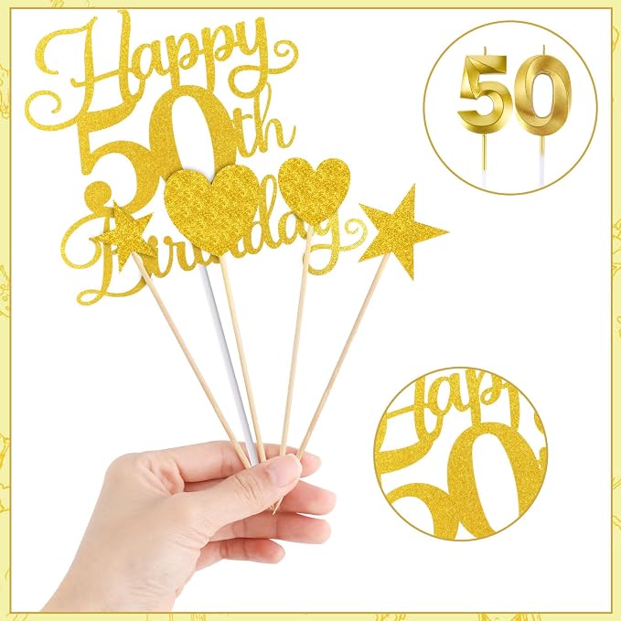 Happy 50th Birthday Cake Topper for 50th Birthday Decorations Numeral 50 Candle with Glitter Heart Cupcake Picks Set for Men Women Hello 50 Birthday Anniversary Party Cake Decor Supplies（GOLD）