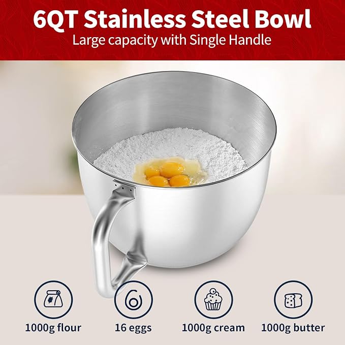 Stand Mixer, 6 QT 600W Tilt-Head Dough Mixer, 6+P speed Mixers Kitchen Electric Stand Mixer with Stainless Steel Bowl, Dishwasher-Safe Dough Hook, Flat Beater, Wire Whisk, Splash Guard, Red