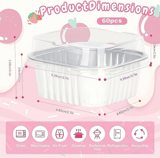 60Pack 5oz White Mini Cake Pans with Lids Baking Cups Aluminum Foil Pans Tins, Individual Dessert Cups Containers for Sales,Party,Picnics