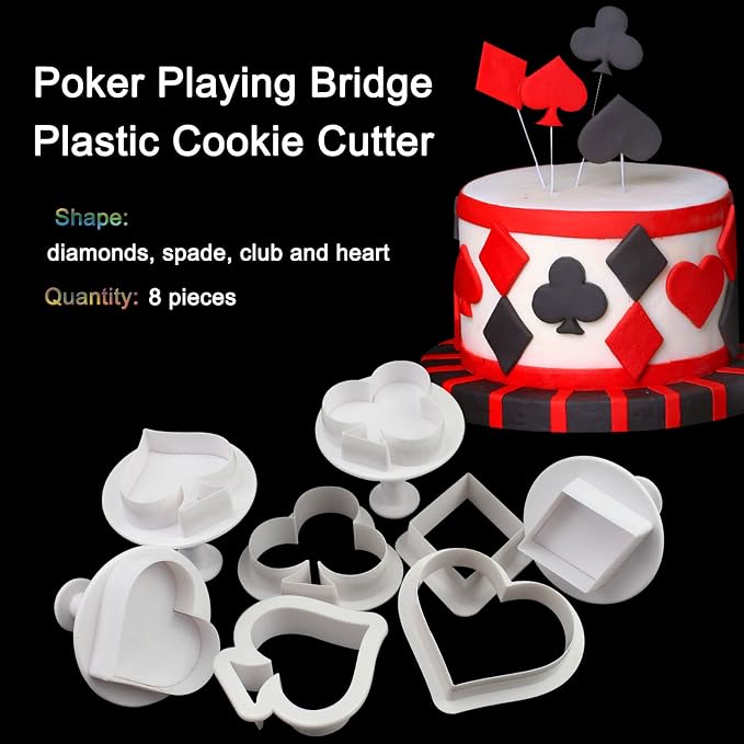 8 Pieces Poker Playing Bridge Plastic Cookie Cutter Playing Card Fondant Cutter Poker Cards Fondant Mold(Spade, Club, Diamond, and Heart)