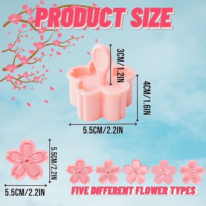 Crethinkaty 5 Styles Cookie Mold Stampers Cherry Blossom Pastry/Stamper Pink Cherry Blossom Shape Flower Hand Pressure Pastry Tool Fondant Cutters Set for Baking