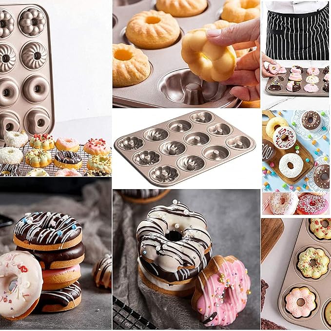 Ulalaza Donut Pan Molds Non-Stick 12-Cavity Carbon Steel Donut Mold for Baking BPA Free Mold Sheet Tray Oven Microwave Dishwasher Freezer Safe Easy Clean