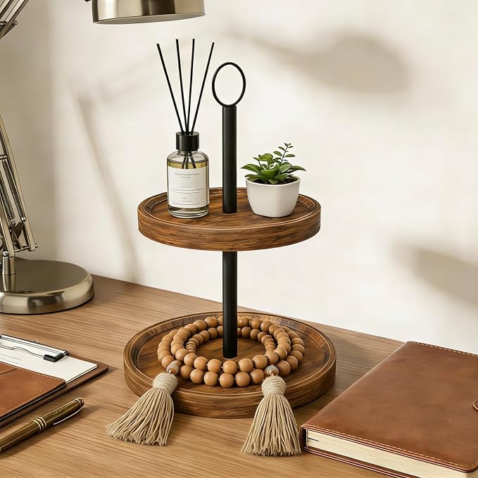 Tiered Tray Stand, Rustic Two Tier Decorative Tray with Metal Handle, Farmhouse 2 Tier Serving Tray, Round Cake Cupcake Stand for Coffee Bar Home Party Decor Holiday Housewarming Gifts(2-Pack)
