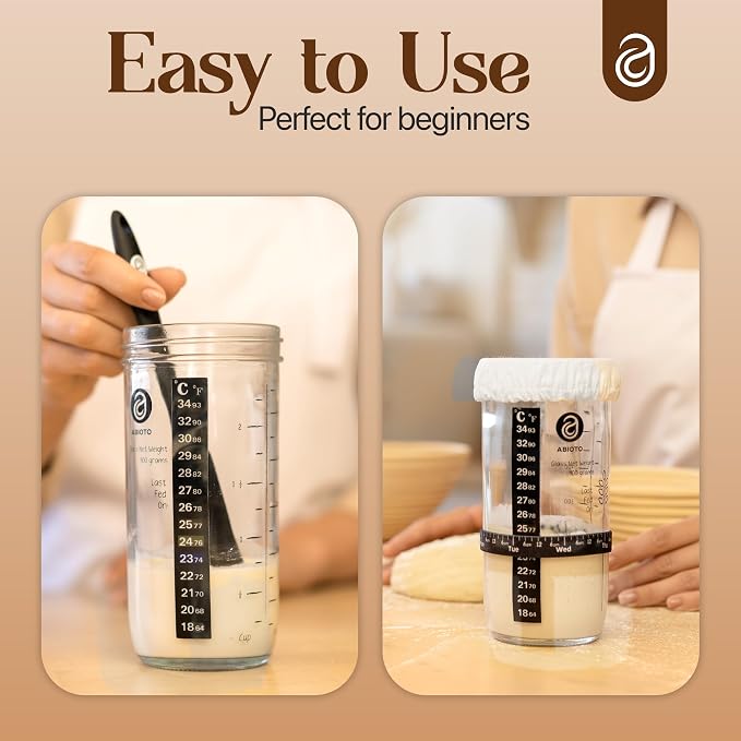 ABIOTO Sourdough Starter Jar Kit, Includes 34 oz Sourdough Starter Jar with Metallic Lid, Silicone Spatula, Feeding Tracker, Extra Thermometer Strips & Breathable Covers – Sourdough Bread Starter Kit