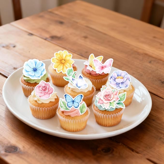 65 PCS Edible Flowers Cupcake Toppers Wafer Paper Daisy Green Leaves Rose Flower Cupcake Picks Edible Flowers Cake Decorations for Baby Shower Wedding Birthday Party Cake Decorations Supplies