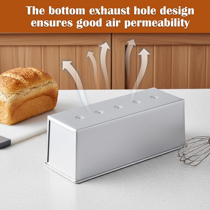 2 Pcs Pullman Loaf Pan with Lid, 13x4 Inch 2lb Dough Capacity Non-Stick Bread Baking Pan for Sandwich Bread, Toast, Sourdough and Homemade Baking, Silver