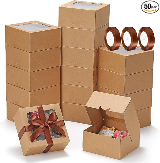 COTOPHER Auto Pop Up Cookie Box with Window 6x6x3 Inches – 50 Pack Brown Bakery Boxes with Ribbon for Birthday Party Favors, Wedding, Christmas Gift Packaging for Cookies, Candy, Macarons