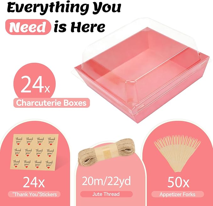 24 Pack Small Charcuterie Boxes with Clear Lids, Paper Mini Charcuterie Box To Go, Disposable Food Container with Lid, Dessert Boxes for Sandwich, Cookie, Sushi, Cake Slice, and Strawberries, Pink