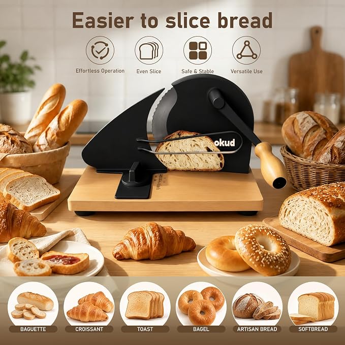 Manual Bread Slicer for Homemade Sourdough – Hand Crank Rotary Slicer | 0–0.8″ Adjustable Thickness, Stainless Steel Serrated Blade, Non-Slip Suction Cups, and Aluminum Alloy Frame