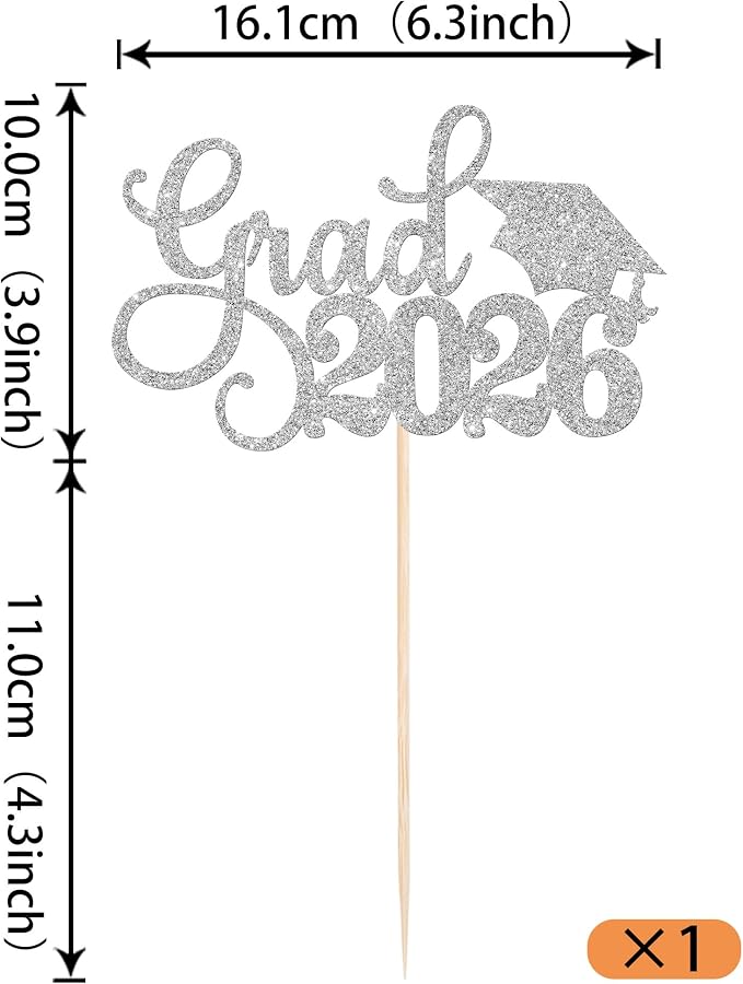 1 Pack Grad 2026 Cake Topper with Glitter Congrats Grad Cap Class of 2026 Cake Pick Decorations for 2026 Graduation Theme School Boys Girls Graduate Party Supplies Silver