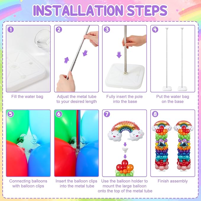 Skylety 2 Sets Rainbow Balloon Column Stand Kit Adjustable Colorful Balloon Stand with Bases for Birthday Wedding Anniversary Graduation Party Baby Shower Decorations Supplies