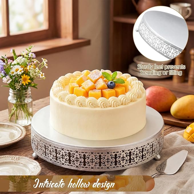 Wenqik Silver Cake Stand 12 Inch Metal Round Wedding Cake Stand with Cutting & Spatula Cupcake Dessert Cookies Display Holder Fruit Serving Tray for Wedding Birthday Anniversary Party