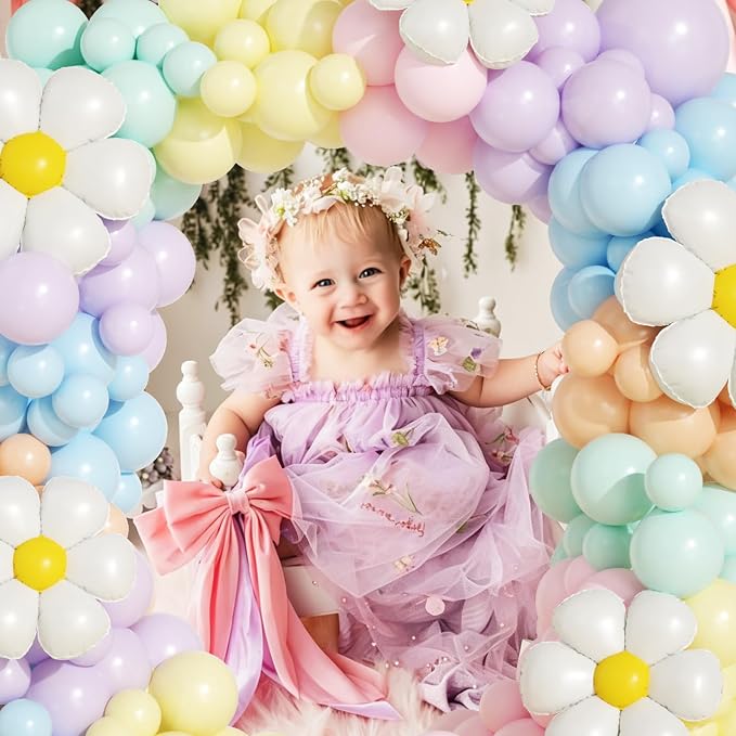 Pastel Daisy Flower Balloon Arch Kit, Pastel Macaron Balloons for Boho Mothers Day Spring Daisy Floral Theme Two Groovy Party Decorations