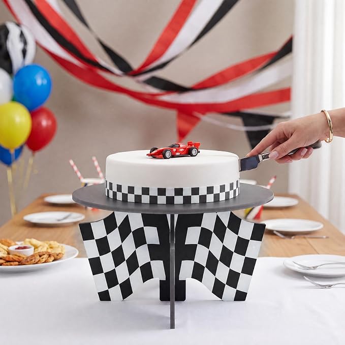 Lallisa 12" Racing Car Theme Cake Stand Black 3D Racing Party Decorations with Black and White Checkered Flag Base PVC Dessert Holder Centerpieces for Two Fast Theme Birthday Party Supplies