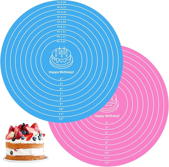 2 Pcs Silicone Cake Mat, 12 Inch Round Silicone Baking Mat with Measurements Pink Blue Turntable Pastry Mats Non-Stick Heat Resistant Reusable Cookie Pad for Rolling Dough Pizza Pan