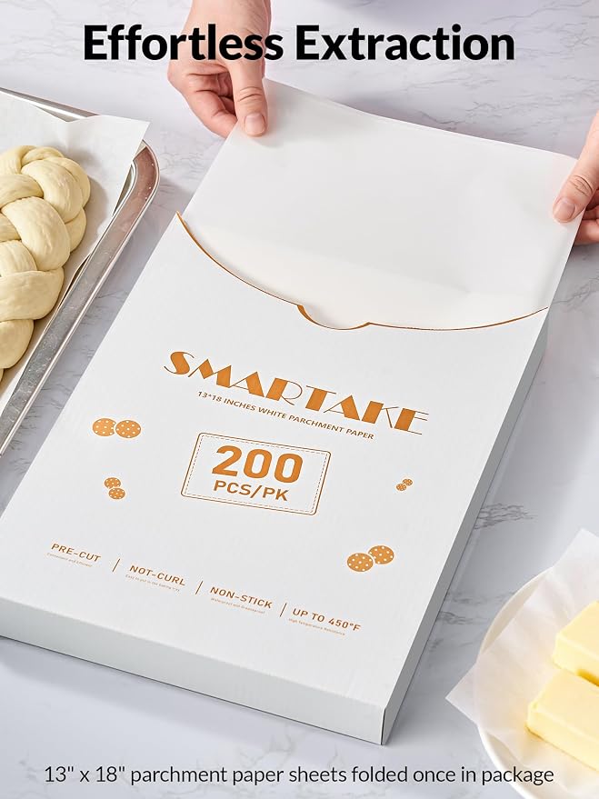 SMARTAKE 200 Pcs Parchment Paper Baking Sheets, 13x18 Inch Non-Stick Precut Baking Parchment, Suitable for Baking Grilling Air Fryer Steaming Bread Cup Cake Cookie and More (White)